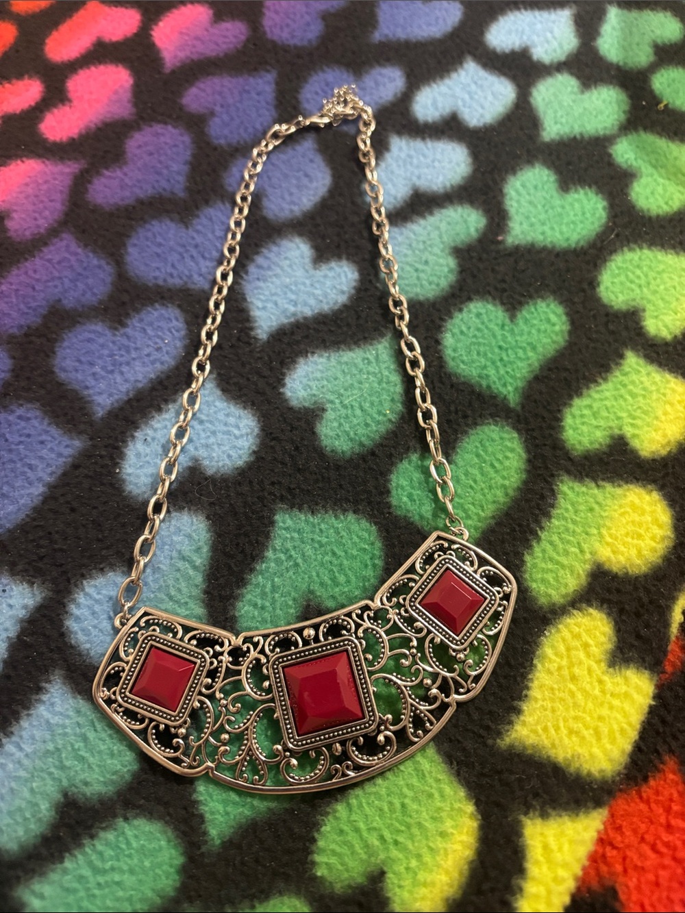 Silver-Tone Necklace with Red Gem Accents